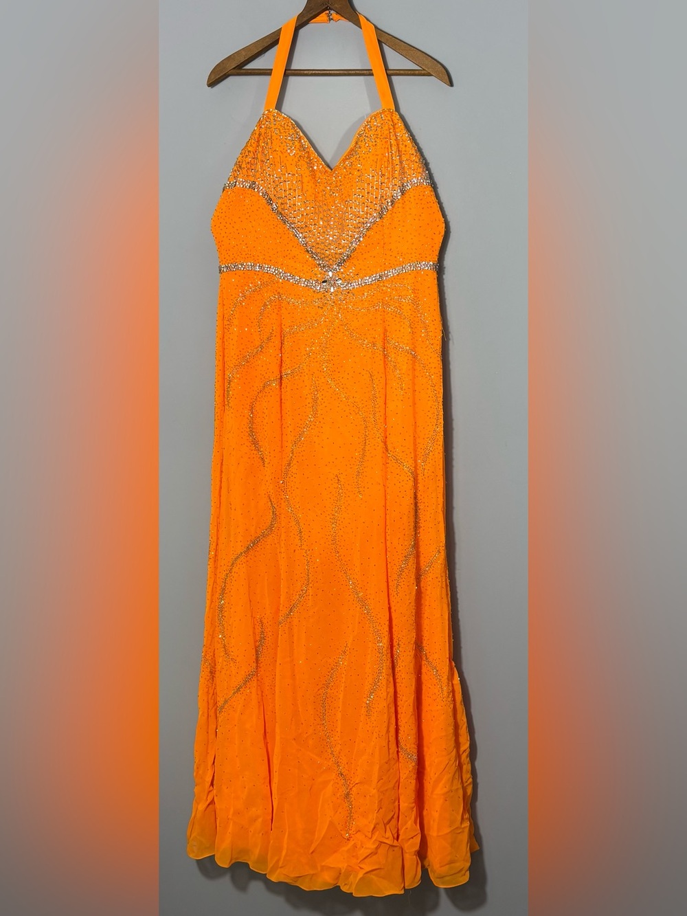Riva Designs Women’s 14 Orange Halter Evening Gown with Beaded Accents